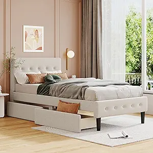 Merax Twin Size Upholstered Platform Bed with 2 Drawers, Beige - $387.99