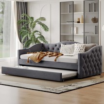 Twin Upholstered Daybed with Trundle, USB, Velvet, Gray - Guest Room - $343.99