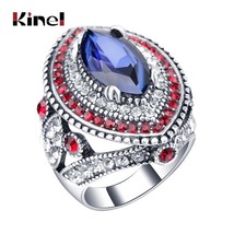 New Fashion Blue Big Rings For Women Silver Color Mosaic Red Crystal Vintage Wed - £6.94 GBP