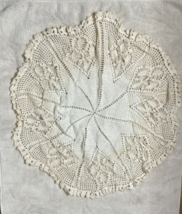 Vintage Hand Crocheted Doilie 27x26 Round White Ivory Star Design Centerpiece - £11.51 GBP