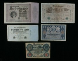 1910-1923 Germany 5-Notes Set // 20 Mark to 100,000 Mark // Empire &amp; Weimar - £41.15 GBP