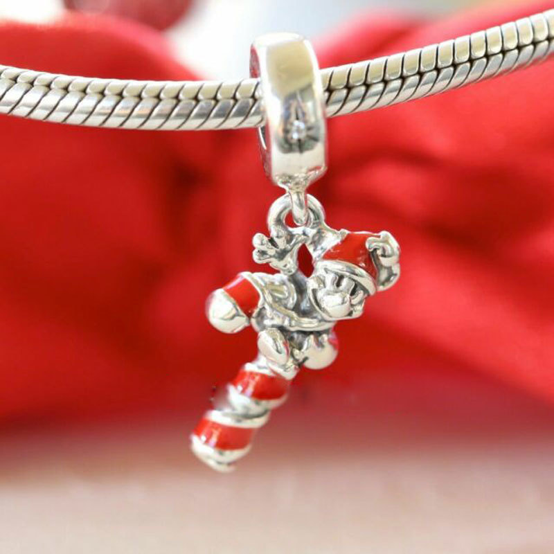 Primary image for 925 Sterling Silver Disney Santa Mickey's Candy Cane Pendant Charm Bead