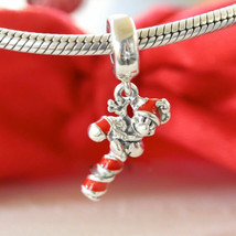 925 Sterling Silver Disney Santa Mickey&#39;s Candy Cane Pendant Charm Bead - £12.51 GBP