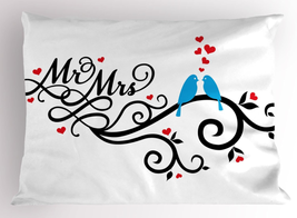 Wedding Pillow Sham, Mr. and Mrs. Swirled Branches with Red Hearts and 2 Love Bi - £21.52 GBP