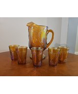 INDIANA Carnival Glass Marigold / Amber Pitcher &amp; Five Tumblers Harvest ... - $69.25