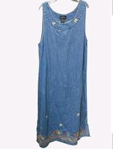 Denim Full Length Dress With Embroidered Flowers Size Medium Whimsy Gran... - $33.81