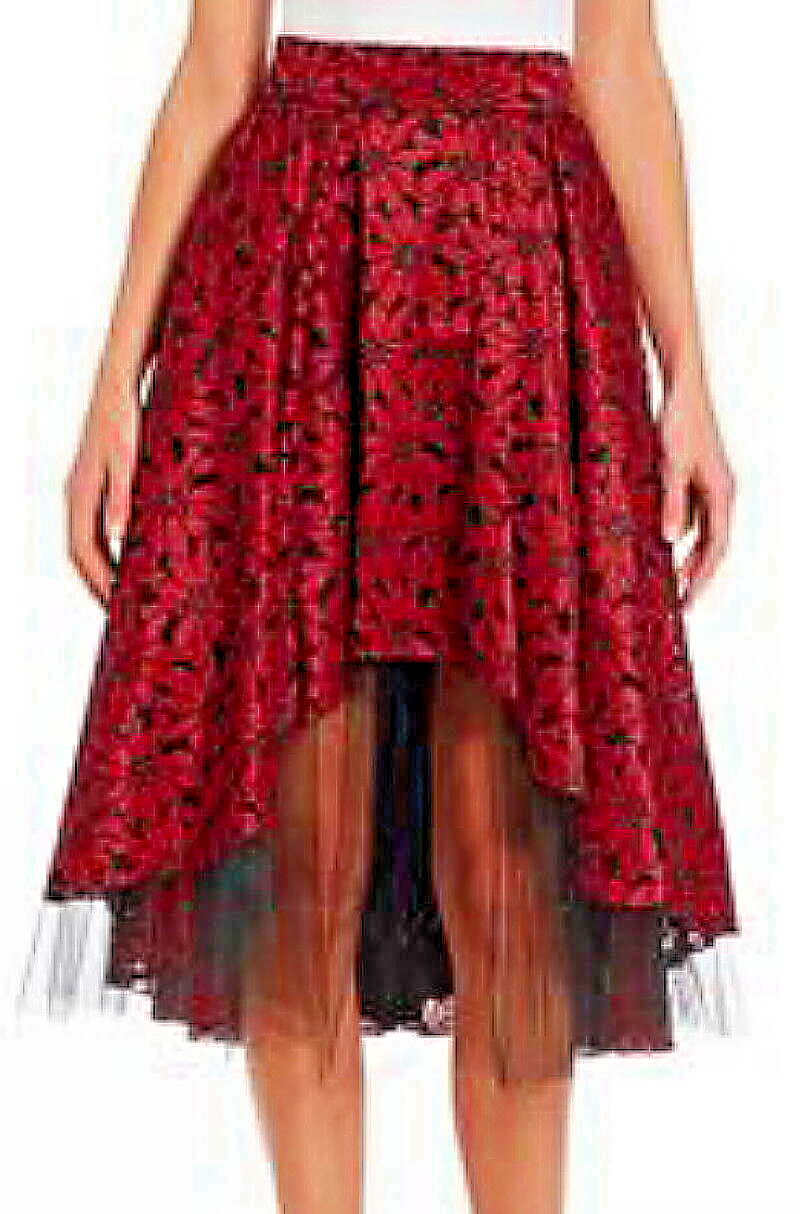 Primary image for $250 ABS Allen Schwartz Lace + Tulle Skirt 8 Medium Red Black Hi Lo Sexy Lined