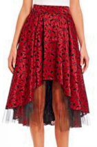 $250 ABS Allen Schwartz Lace + Tulle Skirt 8 Medium Red Black Hi Lo Sexy Lined - £97.29 GBP