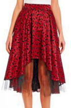 $250 ABS Allen Schwartz Lace + Tulle Skirt 8 Medium Red Black Hi Lo Sexy Lined - £94.07 GBP