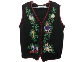Vintage Christmas Vest Womens Size Large Black Knit Candy Canes Victoria Jones - £20.93 GBP
