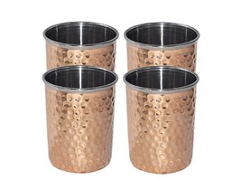Copper Stainless Steel Hammered Glass Tumbler Leak Proof ,Yoga Ayurveda Set 4Pcs - £20.49 GBP