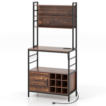 Coffee Bar Cabinet with S-Shaped Hooks and Wine Bottle Holders-Rustic Br... - $188.99