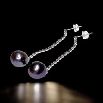 Unique 11.2mm Purple Black Blue Edison Cultured Oval Round Pearl Dangle Earrings - $92.57