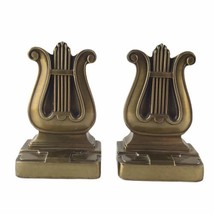 Vintage Brass Art Deco Lyre Bookends Book Ends Metal Music 56 B PMC 5.5&quot;... - $65.41