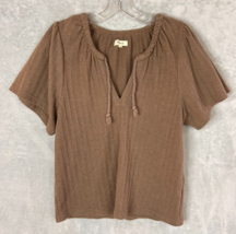 MADEWELL Pointelle Tie Neck Tunic Women&#39;s short sleeve Top brown Size Me... - £10.35 GBP