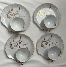 Four Lefton Gold Wheat Matching Tea Cups &amp; Cake Plates Luncheon Desert Snack Set - £15.01 GBP