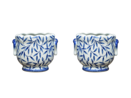 Pair Round Scallop Rim Blue and White Bamboo Leaf Porcelain Pot Cachepot - £117.44 GBP