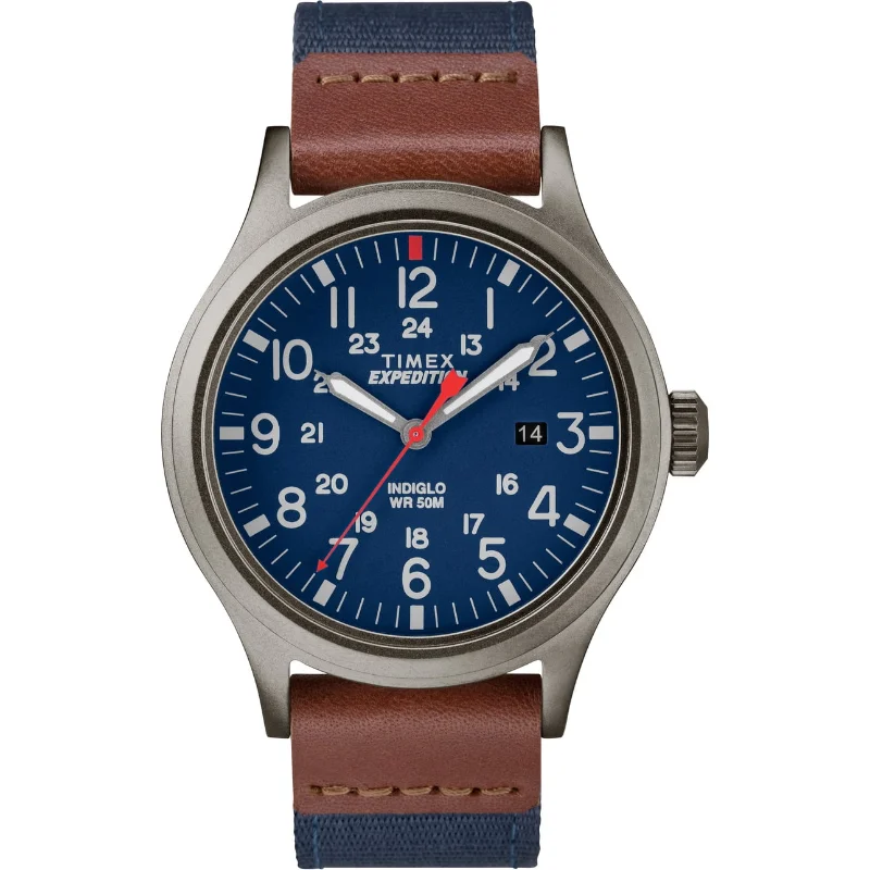 Watch  Men's  Scout 40mm Watch  Gray Case Blue Dial with Blue & Brown Fabric & L