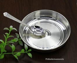 Pure 999 solid fine silver handmade plate or tray with spoon, excellent ... - £239.88 GBP