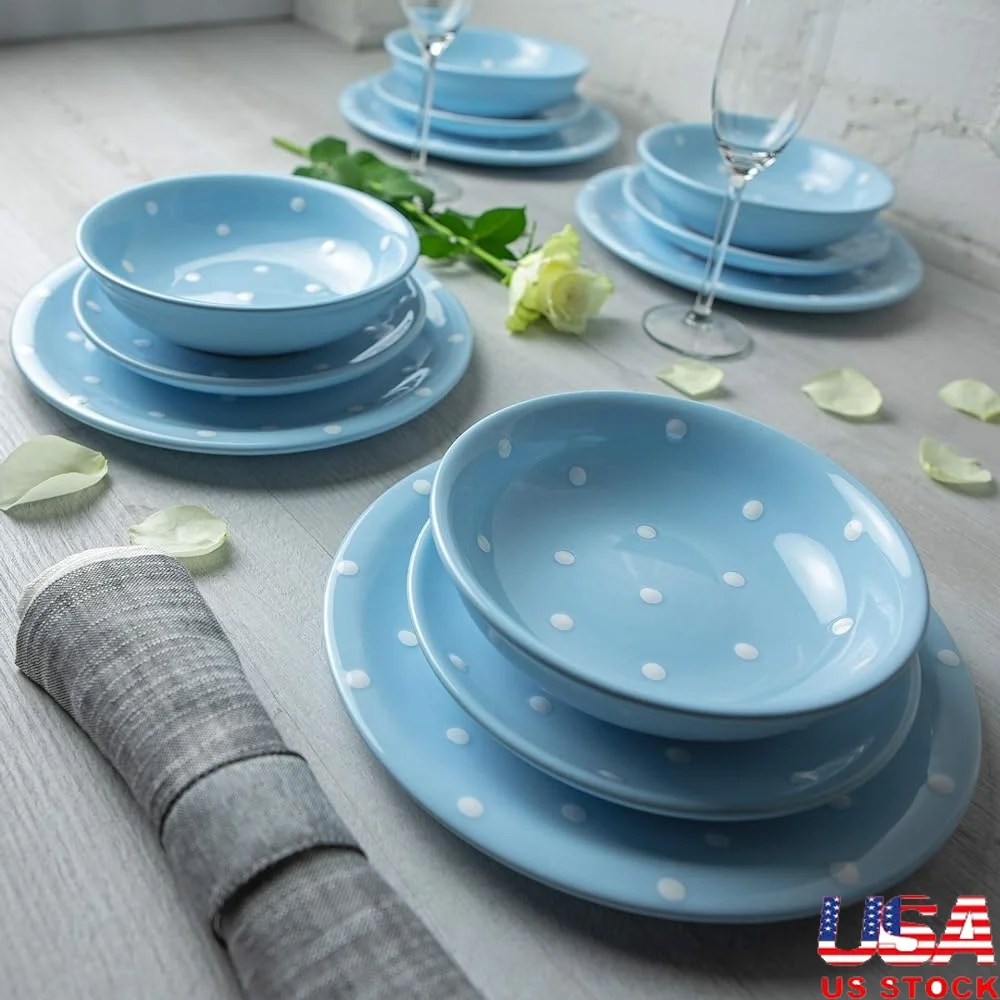 Handmade Ceramic Dinnerware Set 12 Piece Polka Dot Pottery Tableware 4 - $796.74 CAD