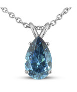Diamond Solitaire Pendant Necklace Blue Pear Shape Treated 14K White Gol... - £1,582.04 GBP