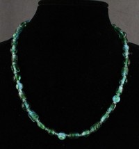 Artisan Jewelry Glass Beaded Necklace Aqua Blue &amp; Green Flower Accent 20&quot; Long - £27.25 GBP