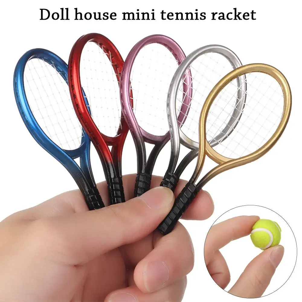 1 Set 1/6 1/12 Miniature Sport Tennis Model Children Garden Mini Tennis Racket &amp; - £7.80 GBP+