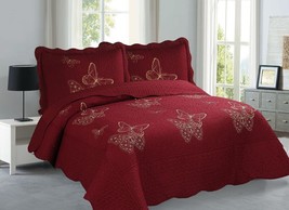 Zoe Butterflies Burgundy Color Embroidery Bedspread Set 3 Pcs Queen Size - £35.14 GBP