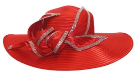 Red Women Derby Hat Satin Ribbon Church Hat Kentucky Derby Hat Wide Brim - £69.02 GBP