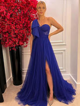 A Line Royal Blue Tulle Long Evening Dresses,Leg Slit Yellow Prom Gowns - £118.52 GBP