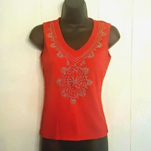 Tank Top Red Crinkle Cotton Gold Thread Embellished siz Small Stretch Kn... - £15.03 GBP