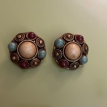 80&#39;s VTG Clip On Copper Earrings Multi Hued Large Statement Red Blue Stones - £6.00 GBP