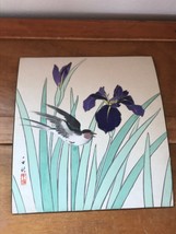 Vintage Asian Artist Signed Purple Iris Flower w Flying Swallow Bird Painting on - £147.90 GBP