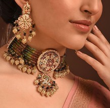 VeroniQ Trends-Elegant Gold Plated Jadau Choker Necklace With Tourmaline Beads- - £232.14 GBP
