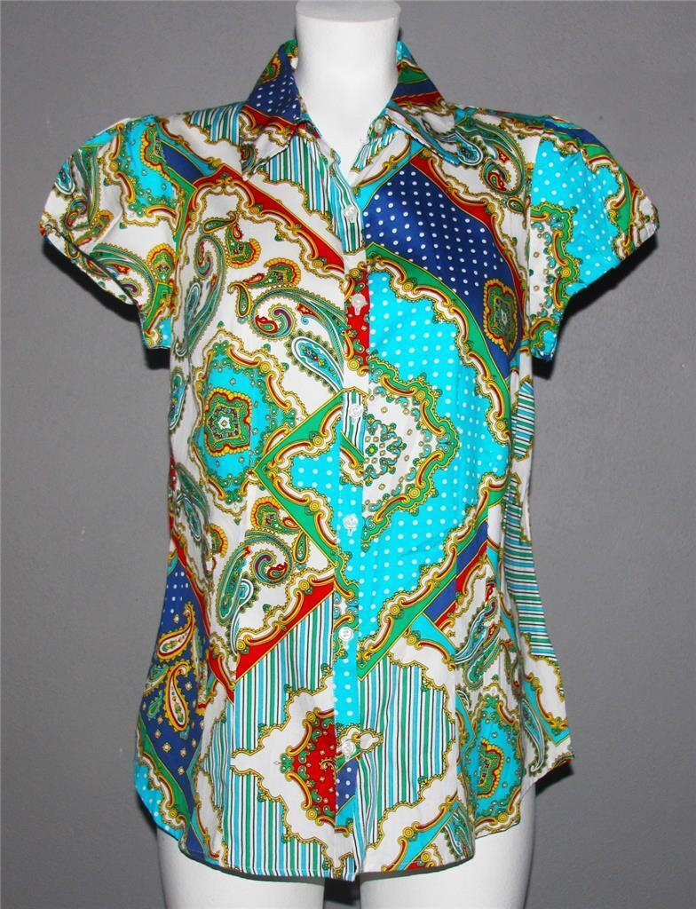 Van Heusen Paisley Polka Dots Stripes Colorful Cap Sleeves Button Blouse... - $19.99