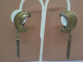 Crescent Moon Clip On Earrings With Dangle Chains Bronze Colored Fashion Jewelry - $14.99