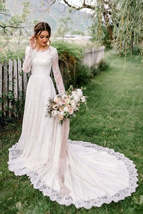 Chic Long Sleeve Lace A Line Wedding Dresses with Train,Gorgeous Bride Dress - £219.85 GBP