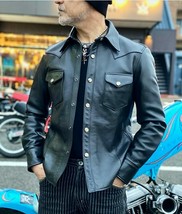 Men&#39;s Real Leather Black Police Military Cuir Shirt BLUF All Size Shirt ... - $89.99