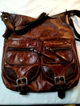 Tano Leather Messenger Bag Congnac Brown 10 Pockets Adjust Strap - £55.52 GBP