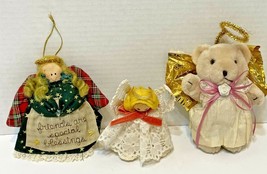 Vintage Lot of 3 Handmade Fabric Stuffed Wood Angel Christmas Ornaments 4.25 to  - £11.65 GBP
