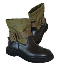 Franco Sarto Leather Ankle Boots Womens 5 M Green Nylon Jan Moto Lug Sole Black - £37.44 GBP