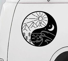 Camper Mountain Wave Yin Yang Car Sticker Decal  Mountain Sea Day Night  and Moo - £35.57 GBP