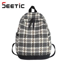 Fashion Plaid College School Bag Cotton And Linen Women Backpack Stripe Style Tr - £38.15 GBP