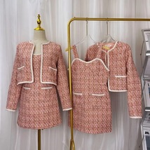 Two Piece Set - Petite Size - Long Sleeve Pink Tweed Jacket + Plaid Strap Dress - £120.10 GBP