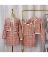 Two Piece Set - Petite Size - Long Sleeve Pink Tweed Jacket + Plaid Strap Dress - $149.89