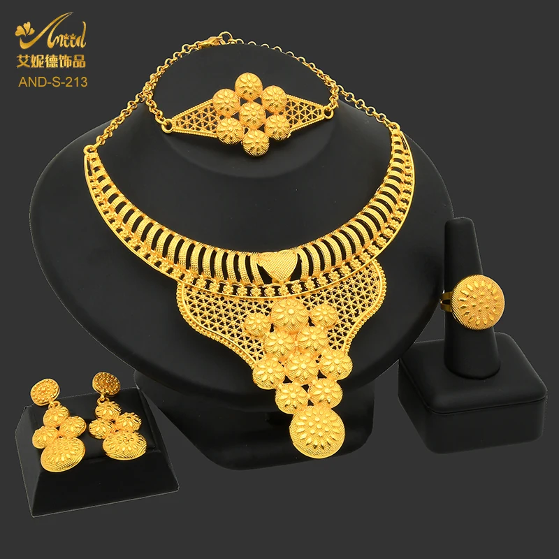 African Jewelry Set 24k GolBridal Dubai Luxury Jewellery Wedding Bracelet Neckla - $29.17