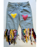 Upcycled hippie boho soft denim Capri pants fabric tassel fringe bottom - $34.60