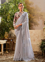 Beautiful Grey Handloom Khadi Saree With Digital Printed Blouse1000 - £37.03 GBP
