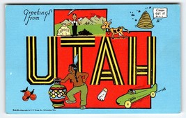 Greetings From Utah Postcard Map Copper Miner Beehive Cow Pottery Linen Kropp - £15.18 GBP