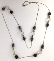 Vintage Beaded Necklace Faux Hematite Clear Plastic &amp; Gold Tone 36&quot; - £10.78 GBP